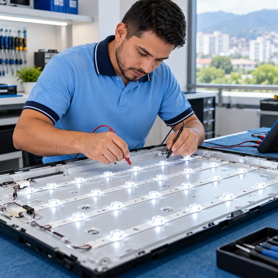 Imagen de referencia: tiras LED nuevas encendidas en prueba sobre el panel