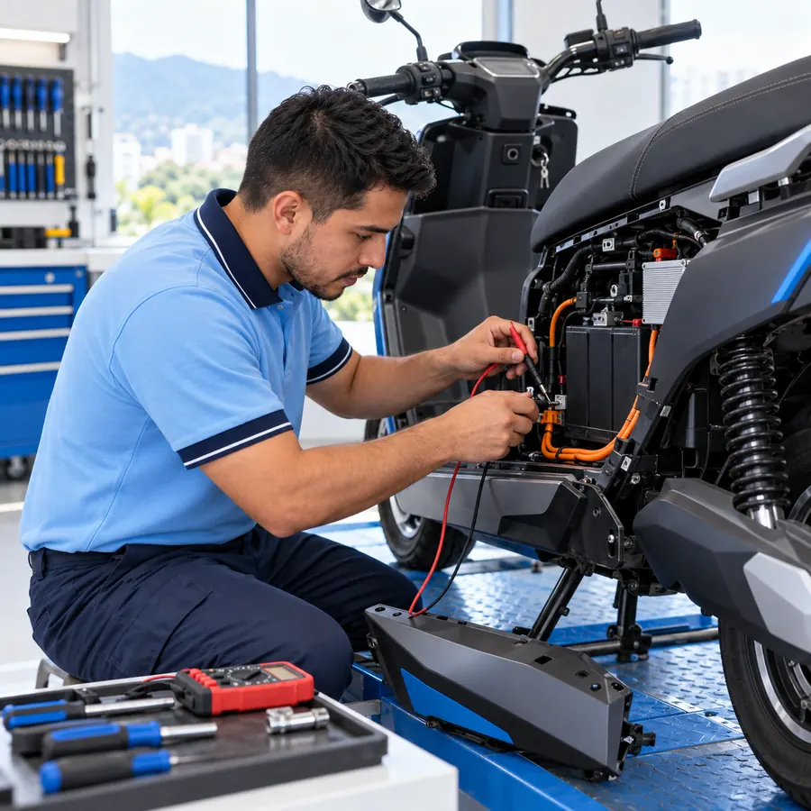 Imagen de referencia: moto eléctrica en el elevador del taller con la tapa lateral abierta