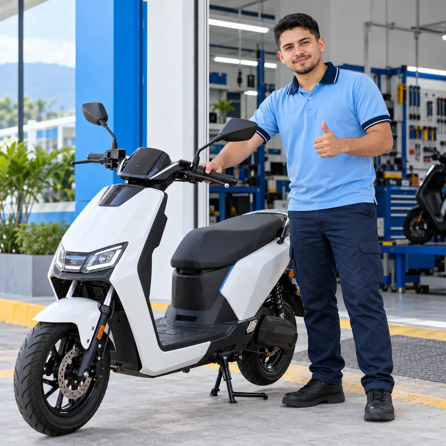 Imagen de referencia: moto eléctrica lista para entrega, limpia, frente al taller